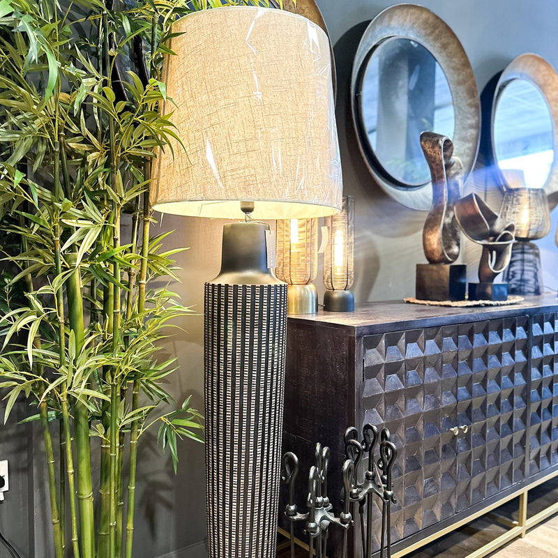 Black Ridged Floor Lamp W/Linen Shade