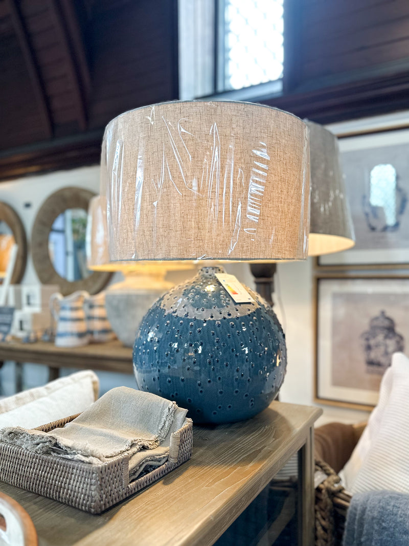 Textured Blue Ceramic Table Lamp with Linen Shade