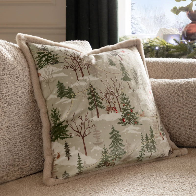 Festive Print Natural Velvet & Faux Fur Cushion 50x50cm