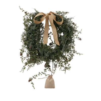 Lit Hanging Wreath With Natural Bow