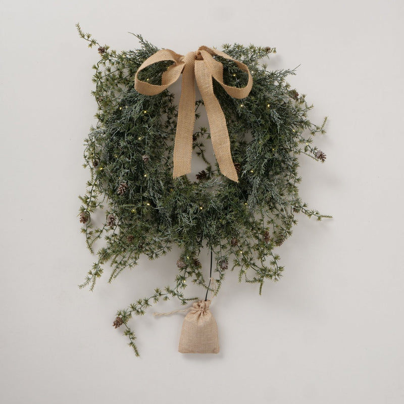 Lit Hanging Wreath With Natural Bow