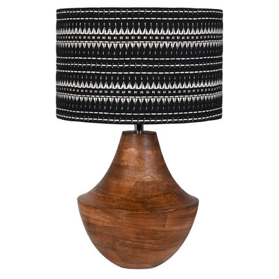 Wood Table Lamp W/ Woven Monochrome Shade