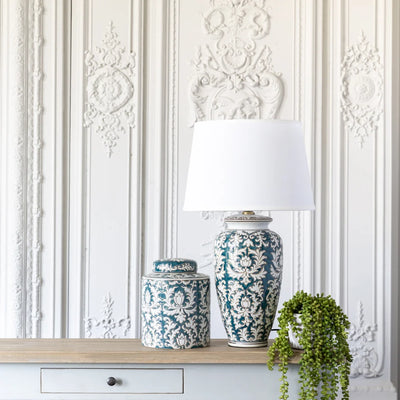 Blue Lotus Lamp W/ White Shade