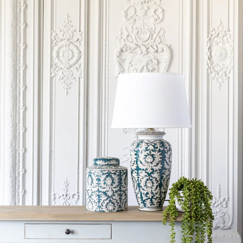 Blue Lotus Lamp W/ White Shade