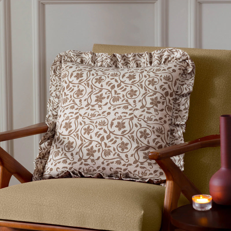 Linen & Olive Floral Filigree Ruffle Cushion 50x50cm