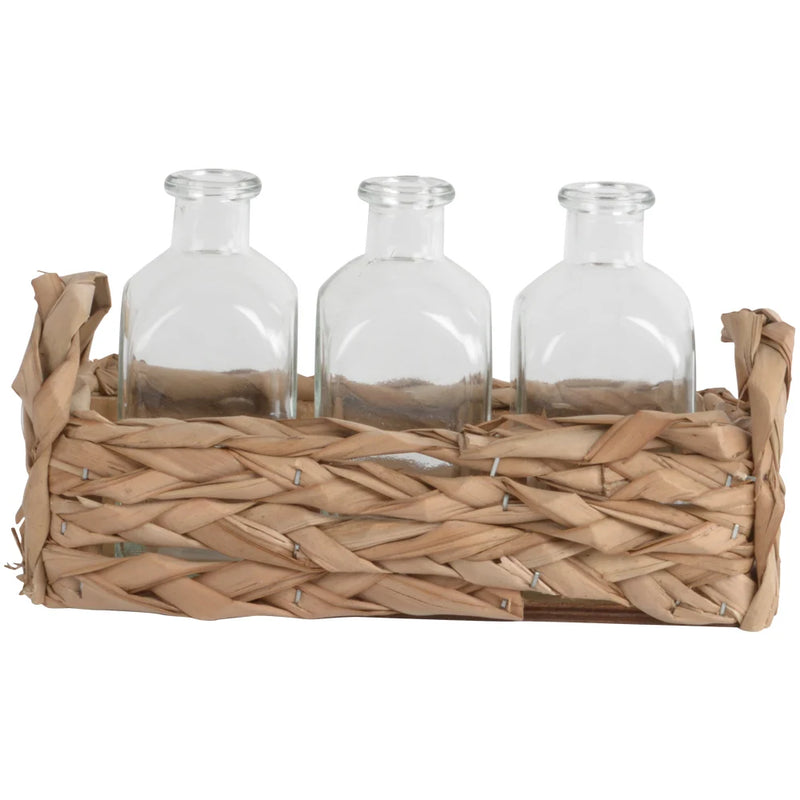 Straw Basket With 3 Glass Bottles