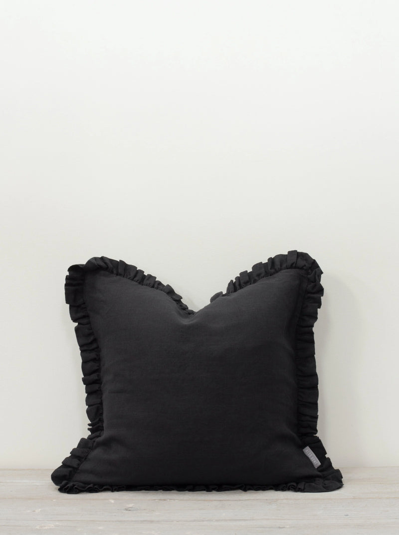 Buttoned Black Ruffle Cushion 40x40