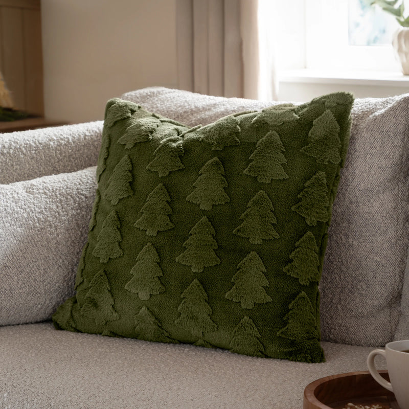 Faux Fur Jacquard Pines Forest Green Cushion 50x50cm