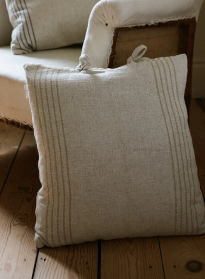 Neutral Linen Blend Green Stripes Cushion 45x45cm