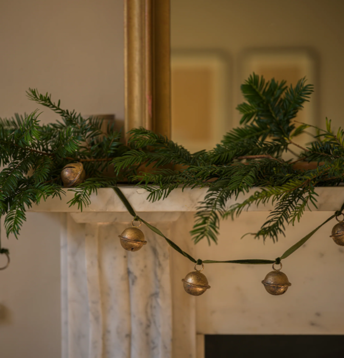 Gold Jingle Bell Garland On Green Velvet Ribbon