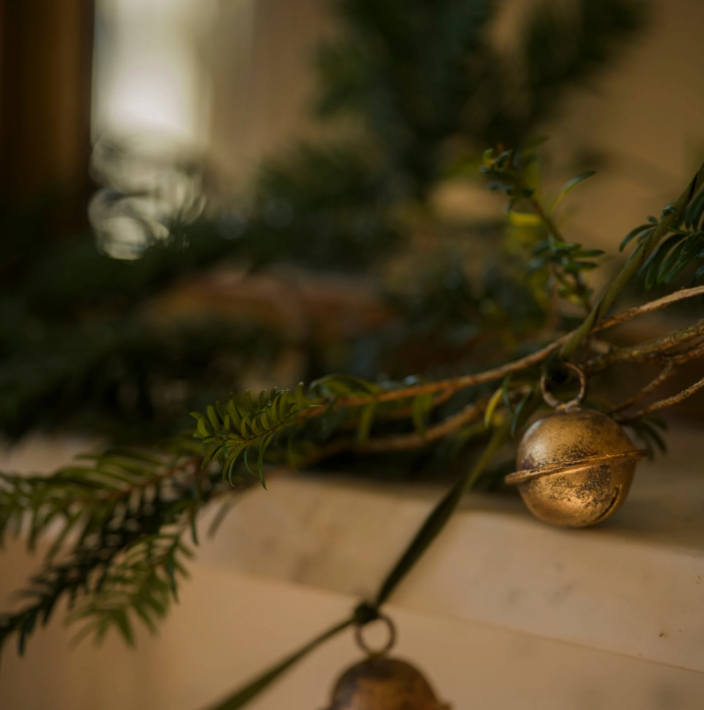 Gold Jingle Bell Garland On Green Velvet Ribbon