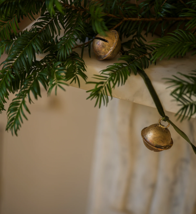 Gold Jingle Bell Garland On Green Velvet Ribbon