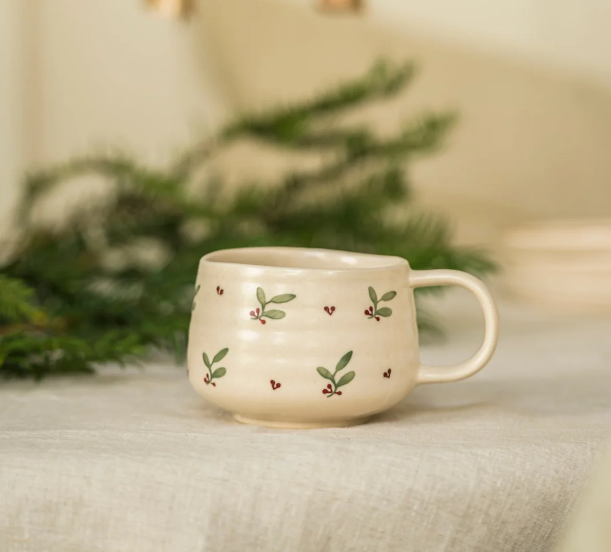 Beige Hand Painted Holly Mug