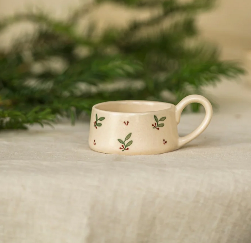 Beige Hand Painted Holly Tealight Holder