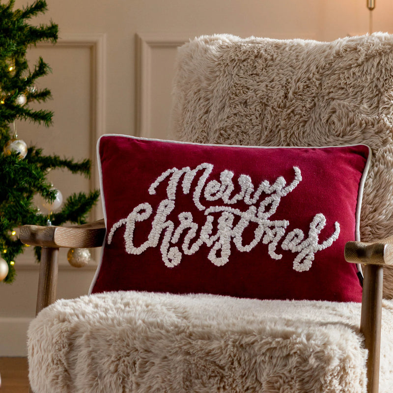 Red Velvet Merry Christmas Applique Cushion 30x50cm