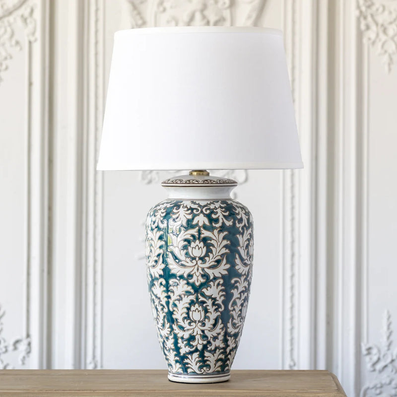 Blue Lotus Lamp W/ White Shade
