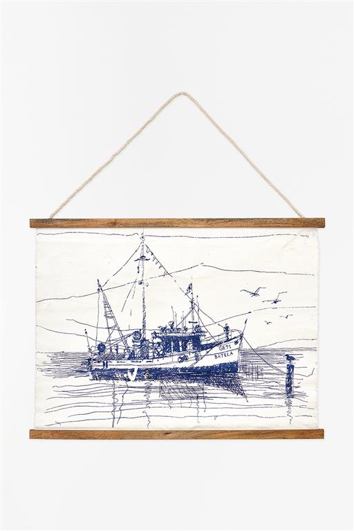 Blue & White Fishing Boat Wall Hanging Canvas