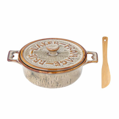 Grey Stoneware Camembert Dish with Wooden Knife