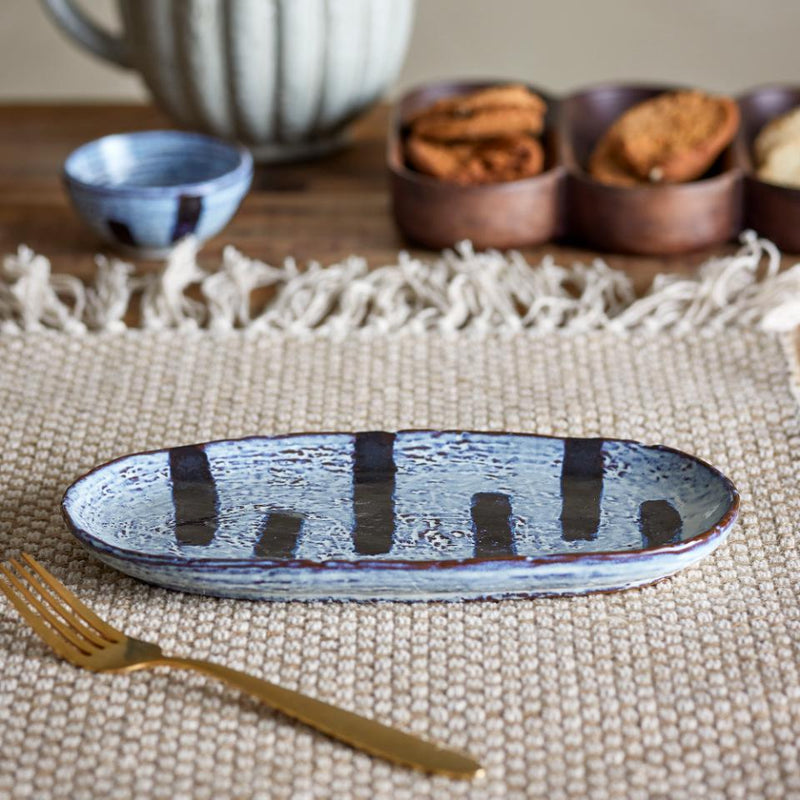 Oval Blue Glaze/Black Stripe Stoneware Plate