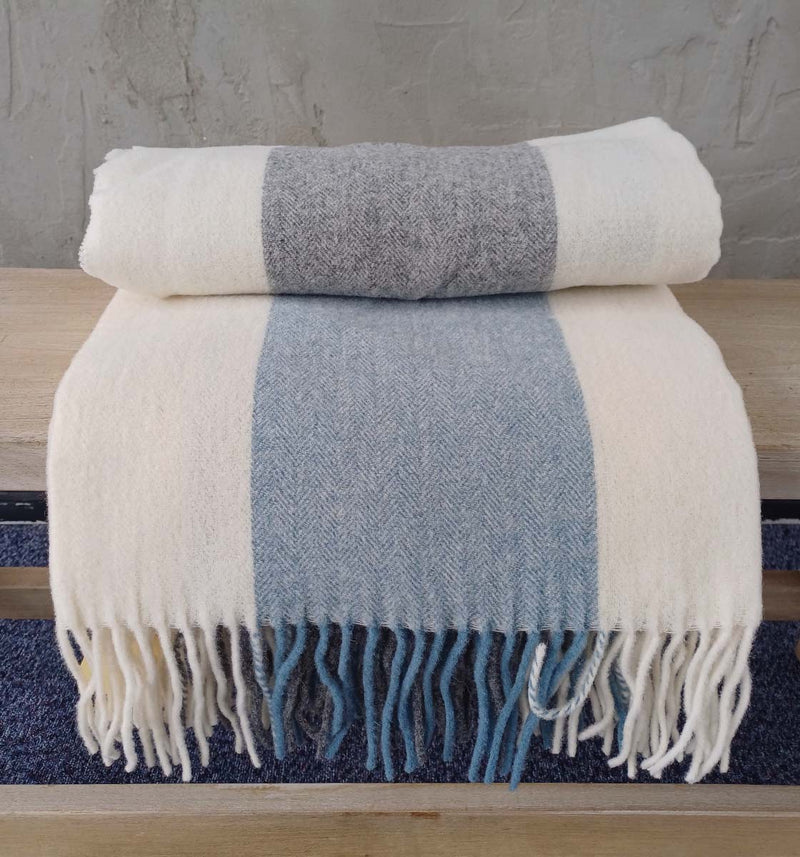 Blue/Grey/White Stripe Wool Tassel Throw 130x180cm