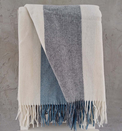 Blue/Grey/White Stripe Wool Tassel Throw 130x180cm
