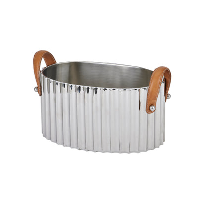 Large Silver Fluted Champagne Cooler With Leather Handles